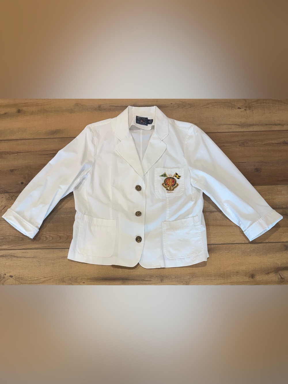 Vintage American Living White Cotton Blazer with Crest Patch